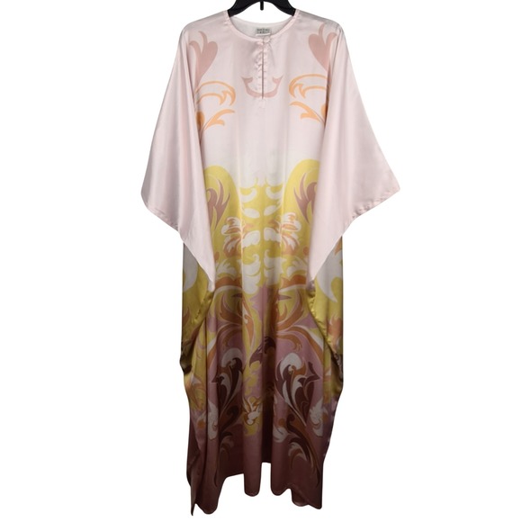Unbranded Dresses & Skirts - Floral Satin Kaftan Maxi Dress Made in India Oversized Boho Robe Pink Yellow